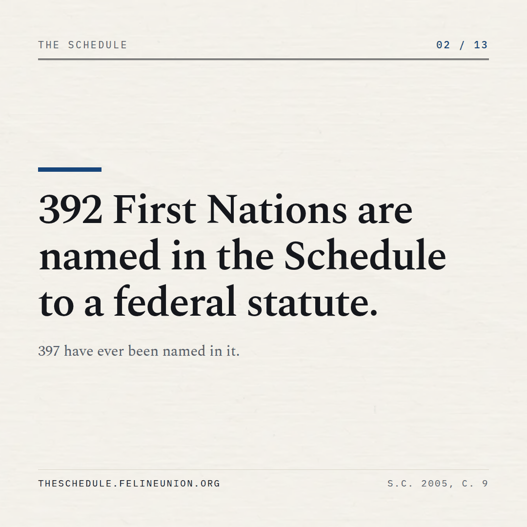 The Schedule, share card 02: 392 First Nations are named in the Schedule to a federal statute.