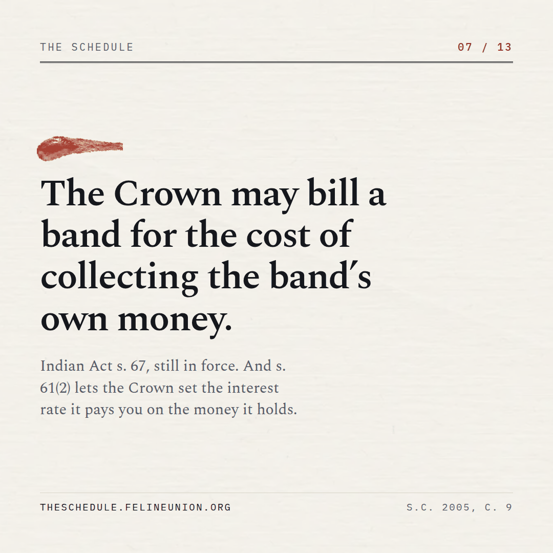 The Schedule, share card 07: The Crown may bill a band for the cost of collecting the band’s own money.